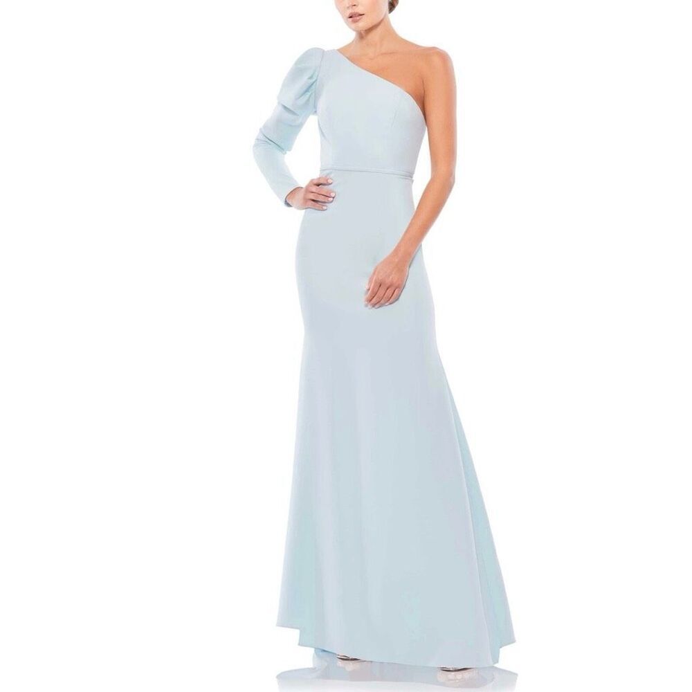 NWT MacDuggal Women's Ieena One Shoulder Puff Sleeve Crepe Gown Size 8 Ice Blue